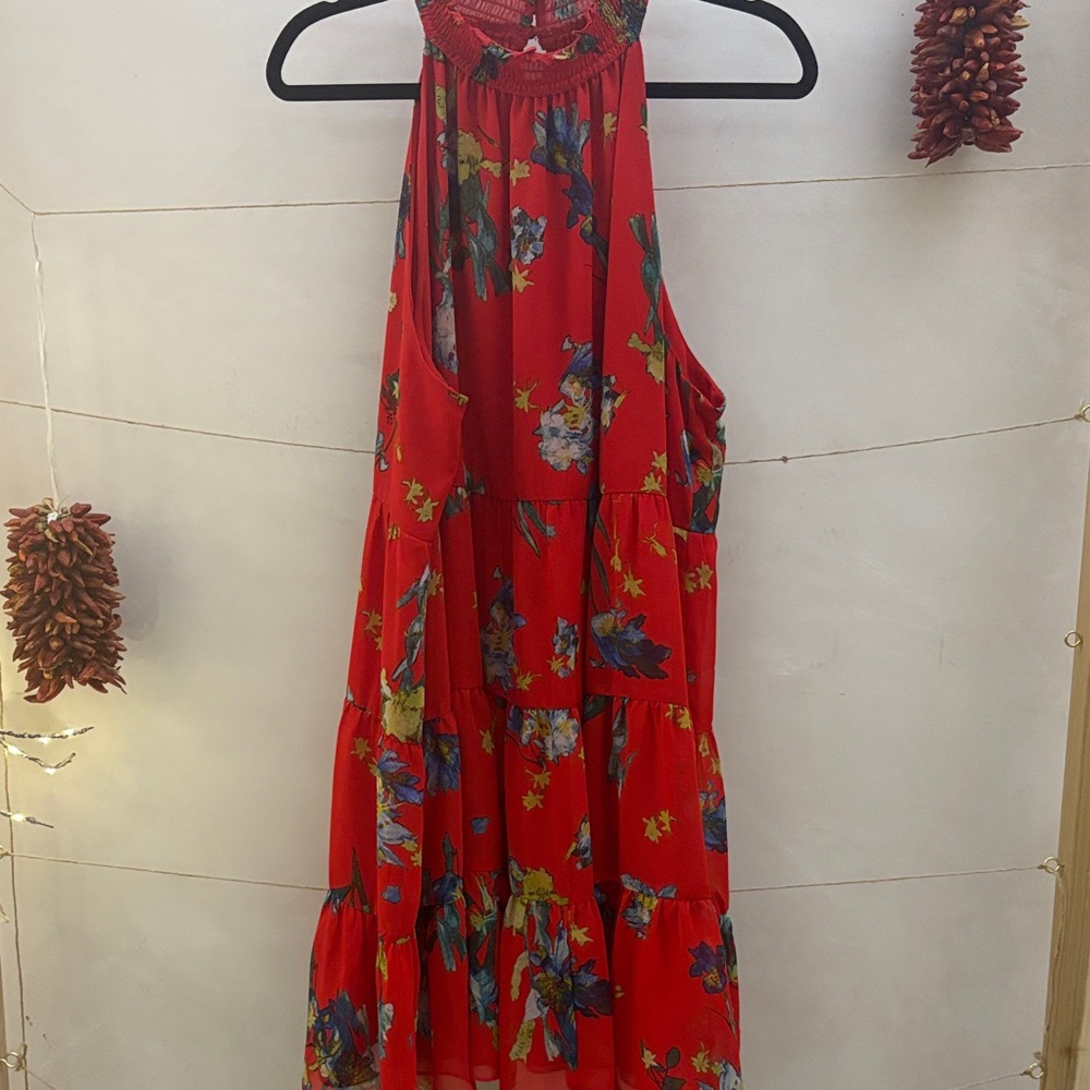 CeCe Vibrant Red Floral Tiered Dress